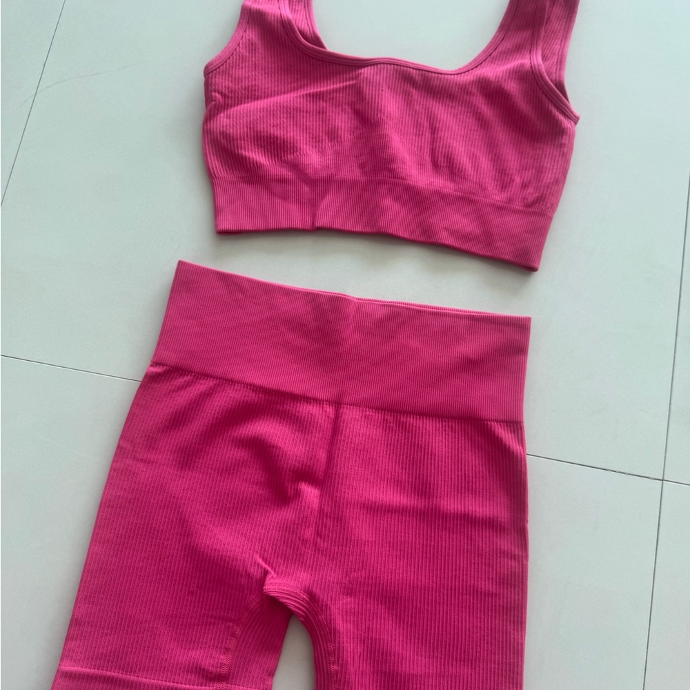 Hot Pink Ribbed Seamless Sports Bra & High-Waist Shorts Set